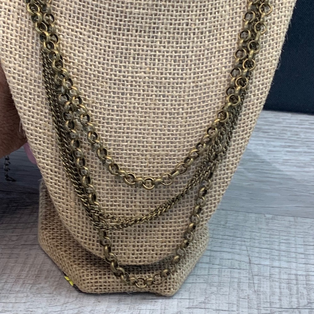Antique Brass Tone Multi Strand Chain Necklace 36 Inch Tiered Boho Statement
